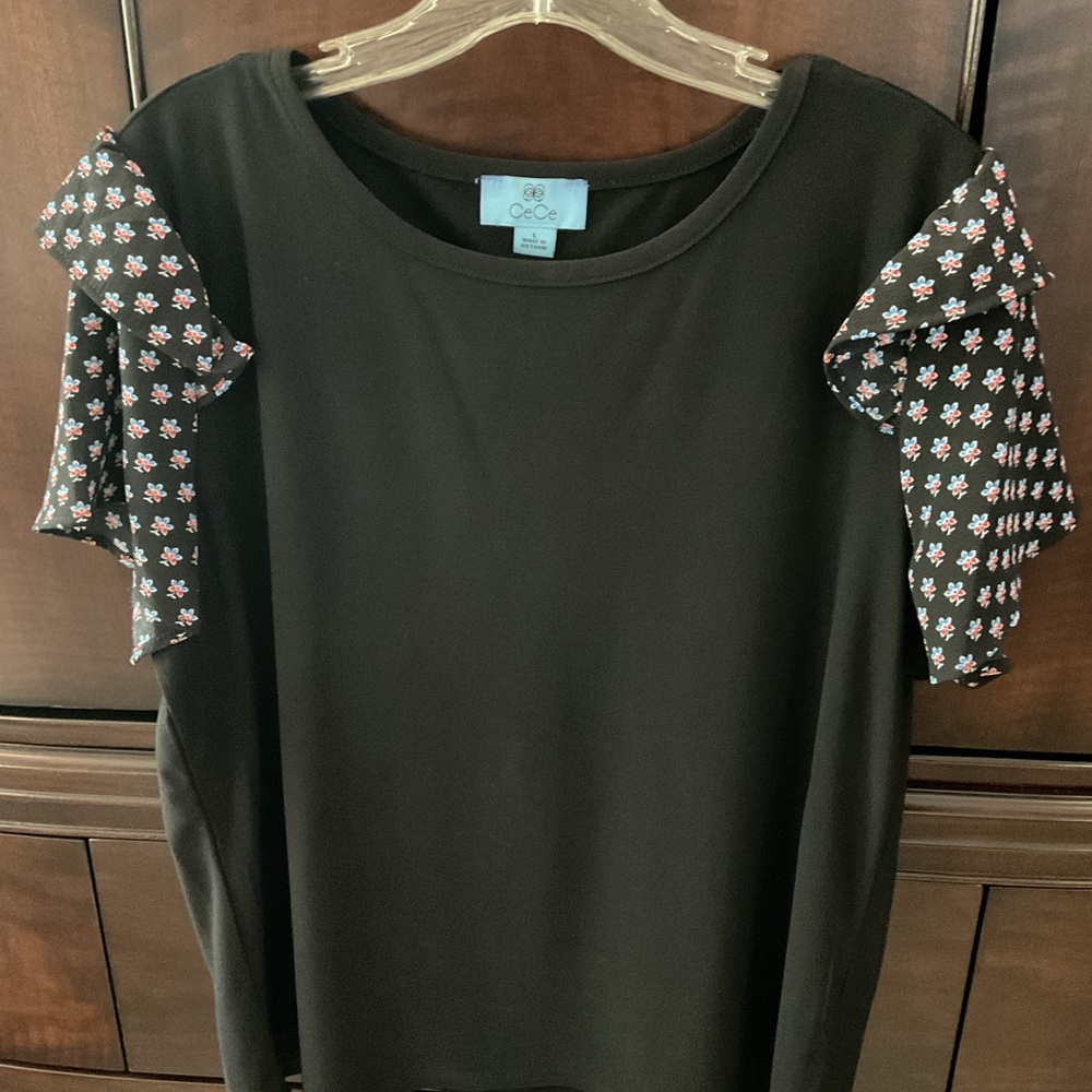 CeCe Black Top with Floral Ruffle Sleeves